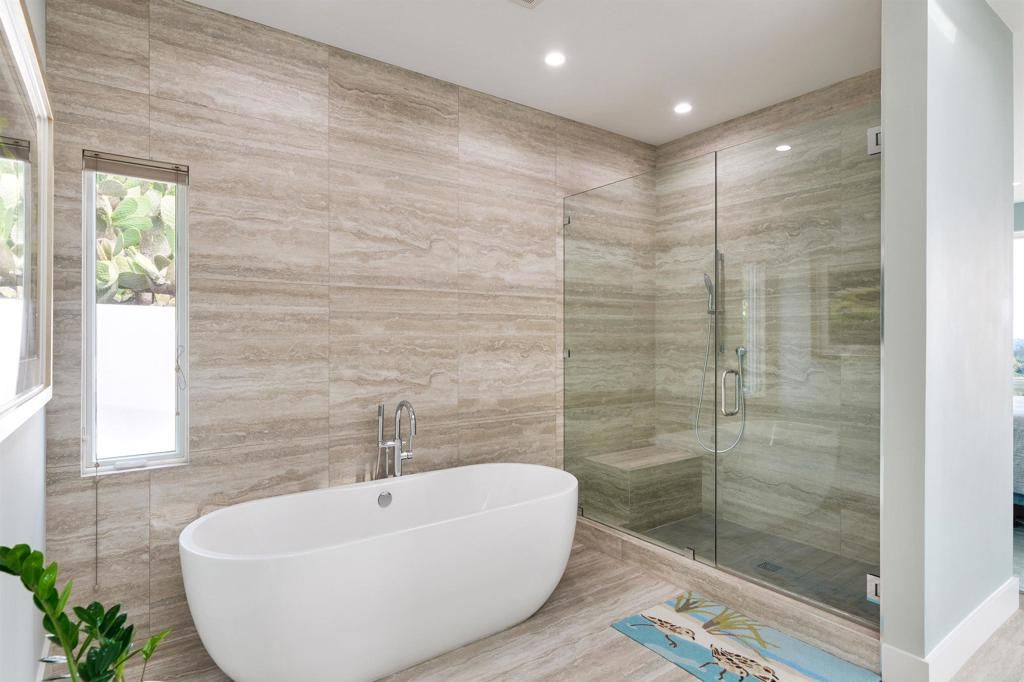 Bathroom, Free Standing Baths, Glass Shower, Interior, Recessed Lighting