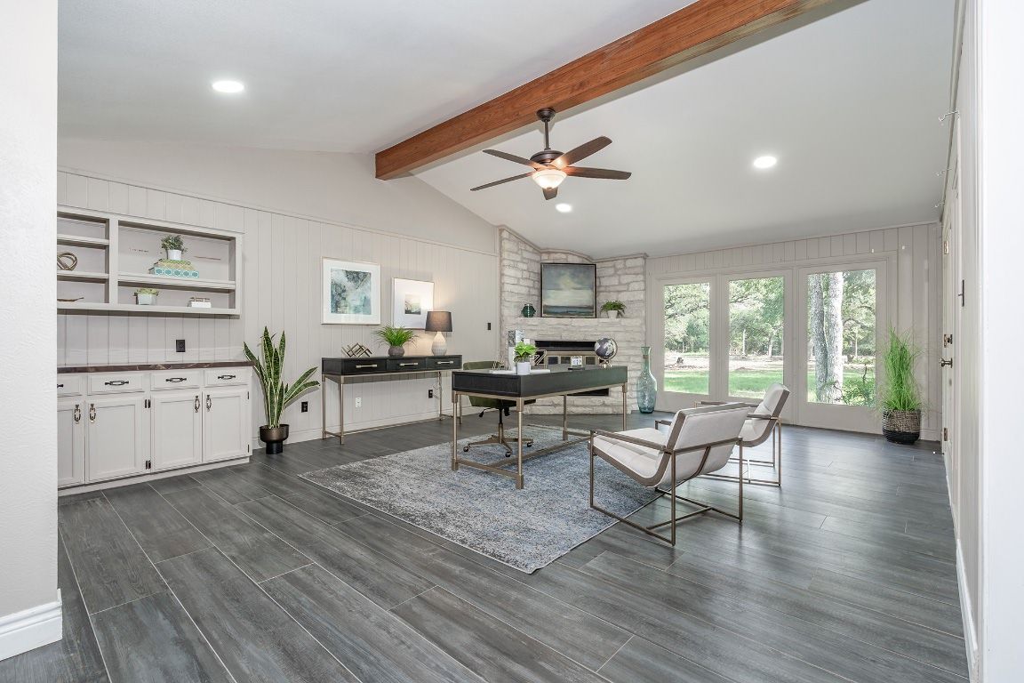 Fireplace, Home Office, Interior, Recessed Lighting, Stone Walls, Wooden Beams, Wood Texture Flooring