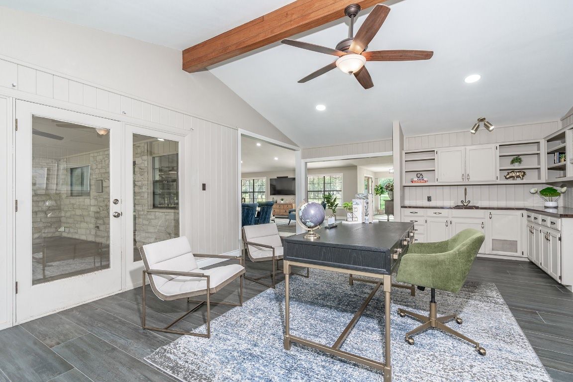 Home Office, Interior, Kitchen, Recessed Lighting, Wooden Beams, Wood Texture Flooring
