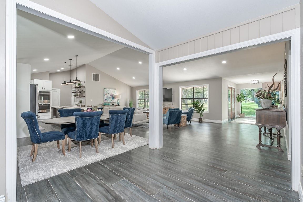 Dining room, Interior, Kitchen, Living room, Pendant Lights, Recessed Lighting, Stainless Steel Appliances, Wood Texture Flooring
