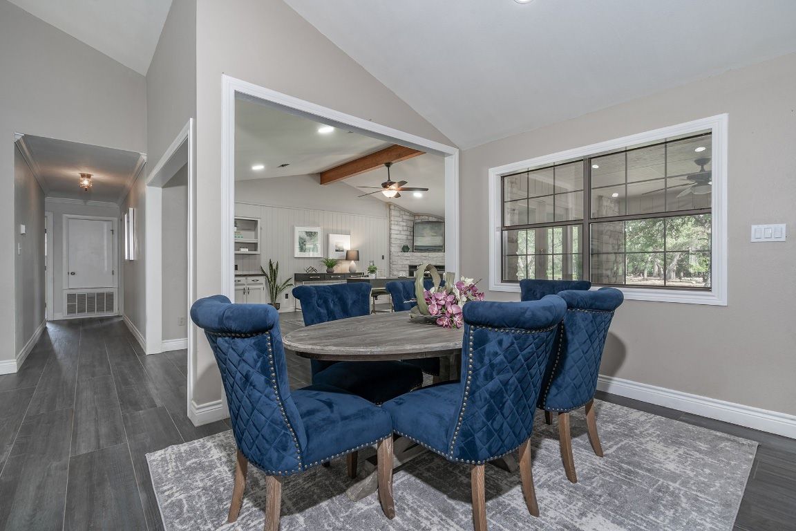 Dining room, Interior, Recessed Lighting, Stone Walls, Wood Texture Flooring