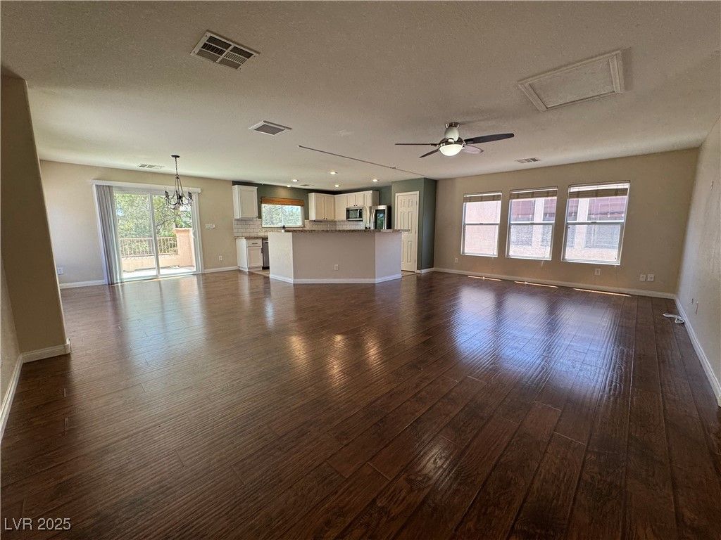 Empty room, Interior, Kitchen, Pendant Lights, Recessed Lighting, Wood Texture Flooring