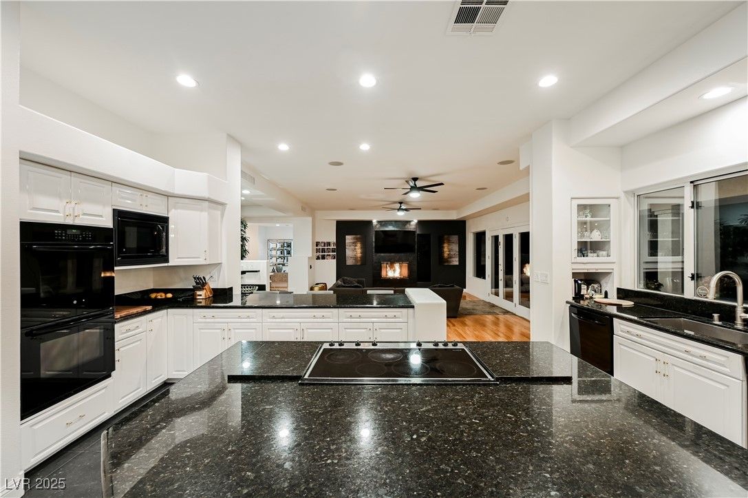Fireplace, Interior, Kitchen, Living room, Recessed Lighting