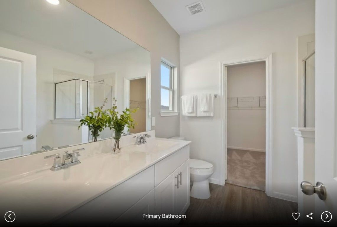 Bathroom, Dual Sink Vanities, Interior, Recessed Lighting, Wood Texture Flooring
