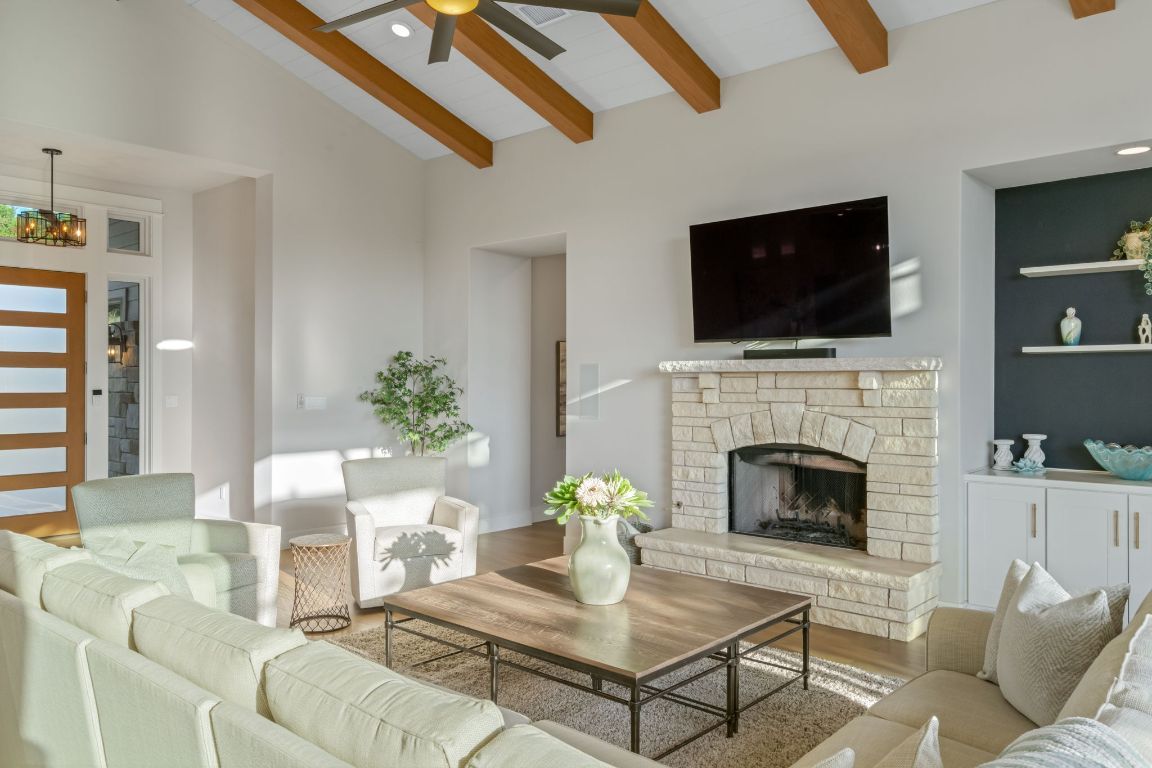 Fireplace, Interior, Living room, Pendant Lights, Recessed Lighting, Wooden Beams, Wood Texture Flooring