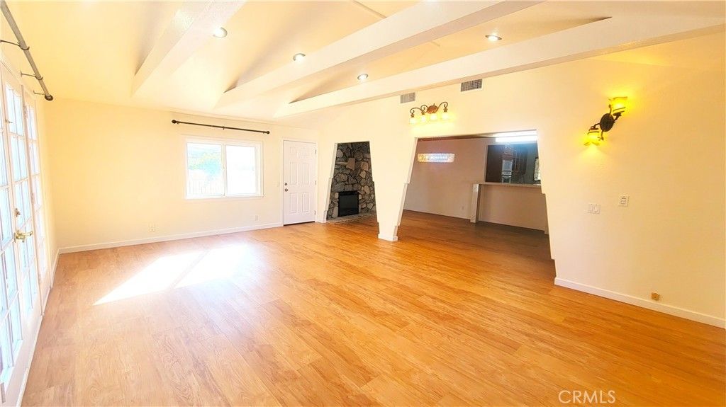 Empty room, Fireplace, Interior, Recessed Lighting, Wood Texture Flooring