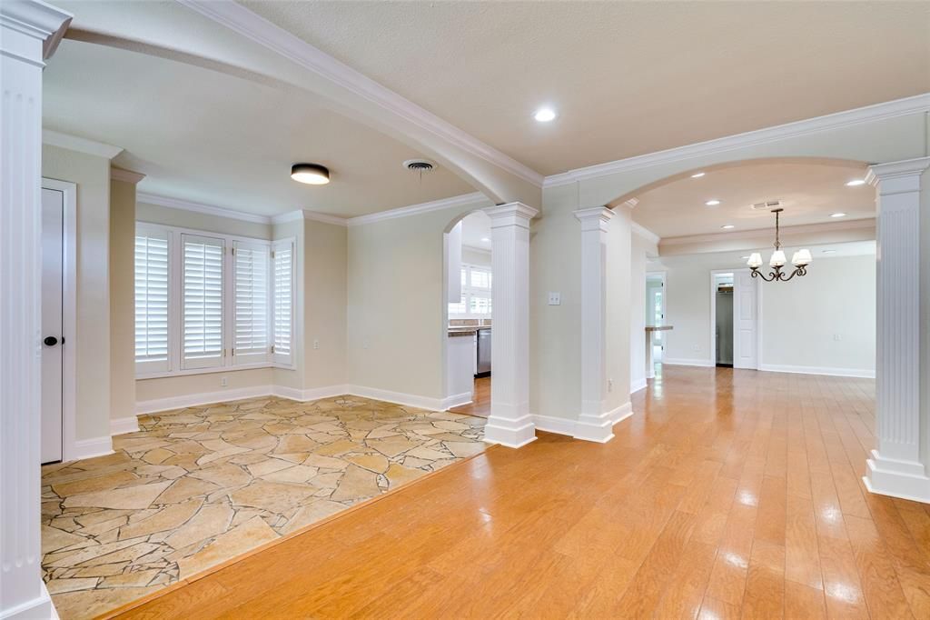 Chandelier, Empty room, Interior, Recessed Lighting, Wood Texture Flooring