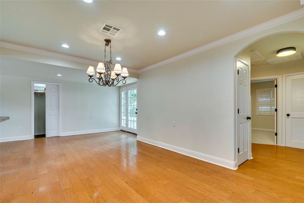 Chandelier, Empty room, Interior, Recessed Lighting, Wood Texture Flooring