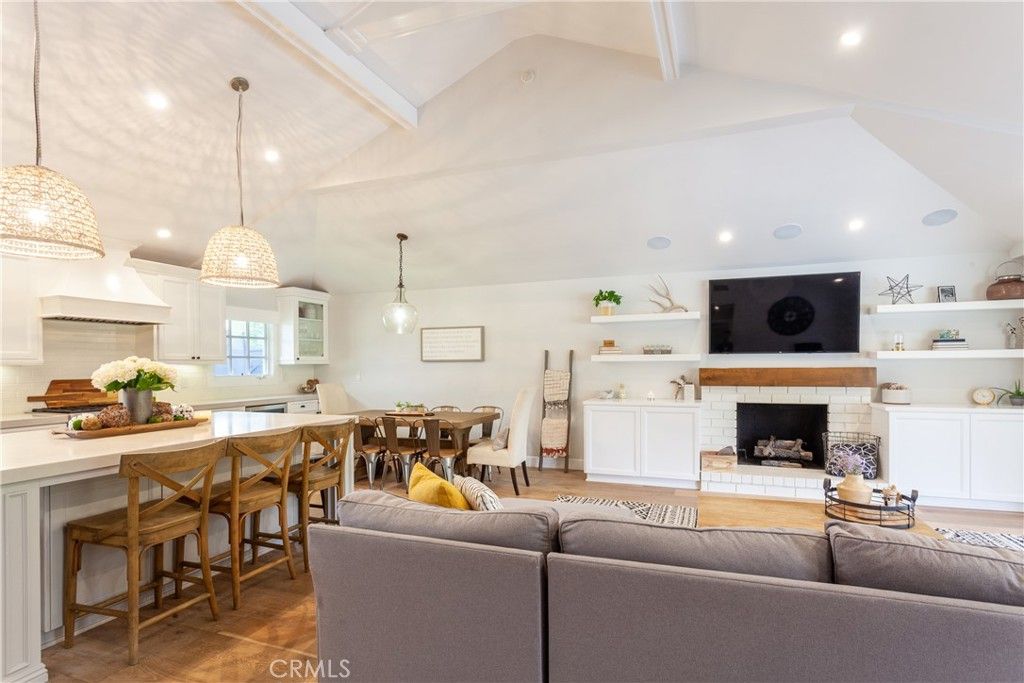 Dining room, Fireplace, Interior, Kitchen, Living room, Pendant Lights, Recessed Lighting, Wood Texture Flooring