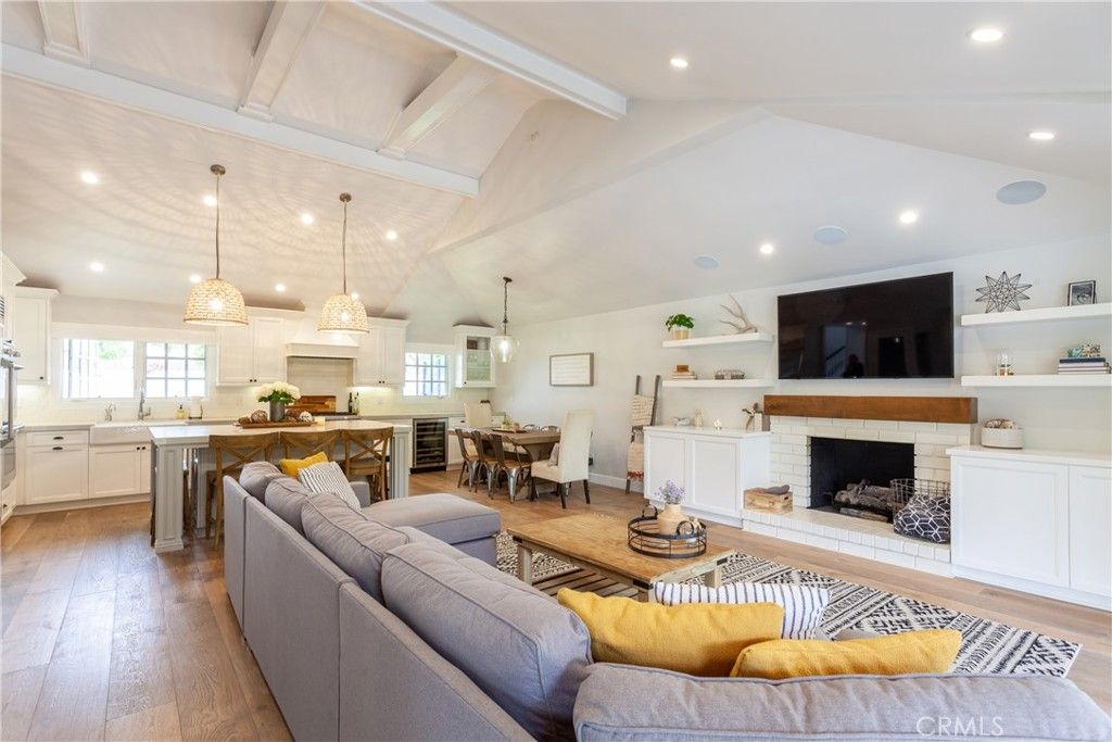 Dining room, Fireplace, Interior, Kitchen, Living room, Pendant Lights, Recessed Lighting, Wood Texture Flooring