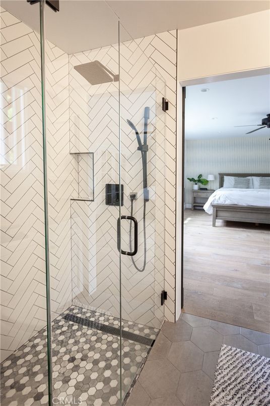 Bathroom, Bedroom, Glass Shower, Interior, Recessed Lighting, Wood Texture Flooring
