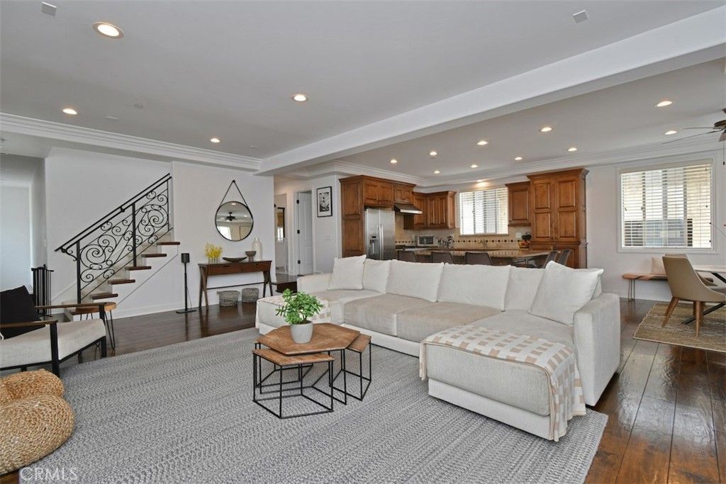 Dining room, Interior, Kitchen, Living room, Recessed Lighting, Stainless Steel Appliances, Wood Texture Flooring