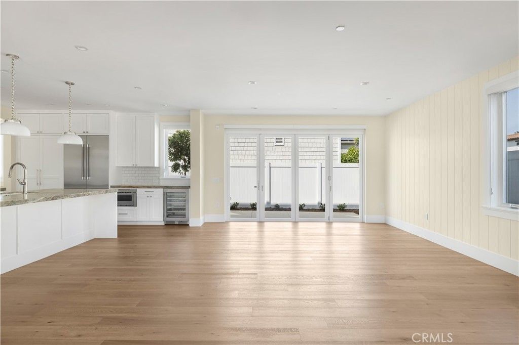 Empty room, Interior, Kitchen, Pendant Lights, Recessed Lighting, Wood Texture Flooring