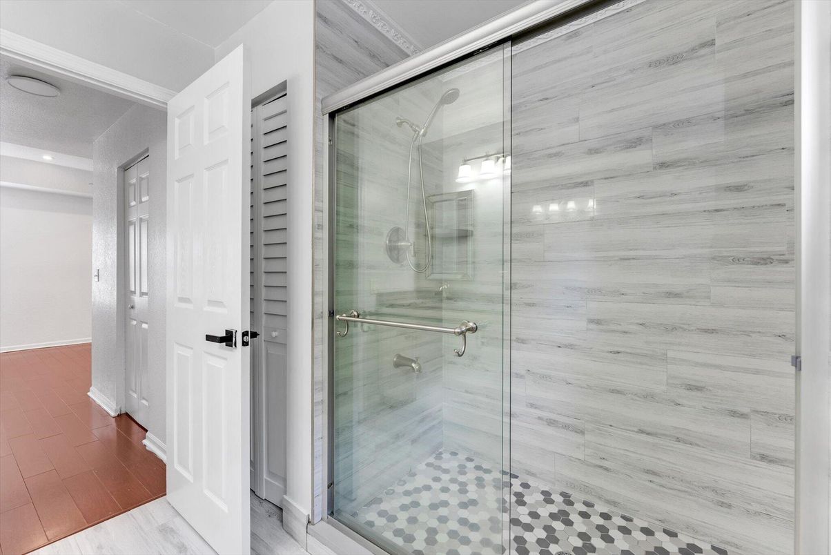 Bathroom, Glass Shower, Interior, Recessed Lighting, Wood Texture Flooring