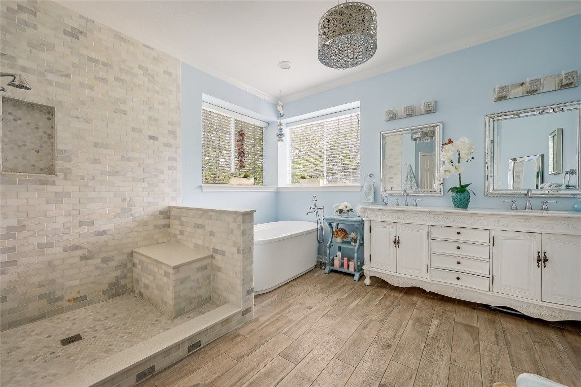 Bathroom, Dual Sink Vanities, Free Standing Baths, Interior, Wood Texture Flooring