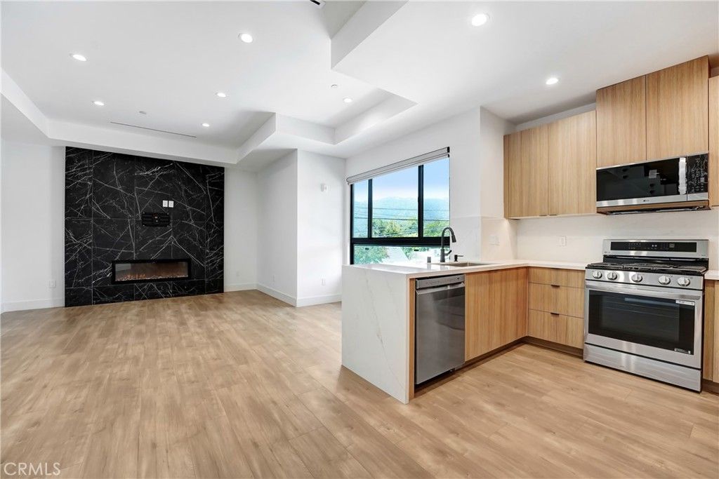 Fireplace, Interior, Kitchen, Marble Walls, Recessed Lighting, Stainless Steel Appliances, Wood Texture Flooring