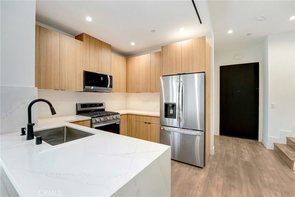 Interior, Kitchen, Recessed Lighting, Stainless Steel Appliances, Wood Texture Flooring