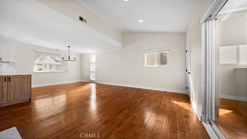 Empty room, Interior, Pendant Lights, Recessed Lighting, Wood Texture Flooring