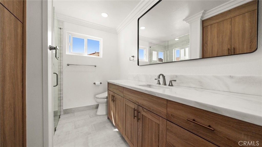 Bathroom, Dual Sink Vanities, Glass Shower, Interior, Marble, Recessed Lighting