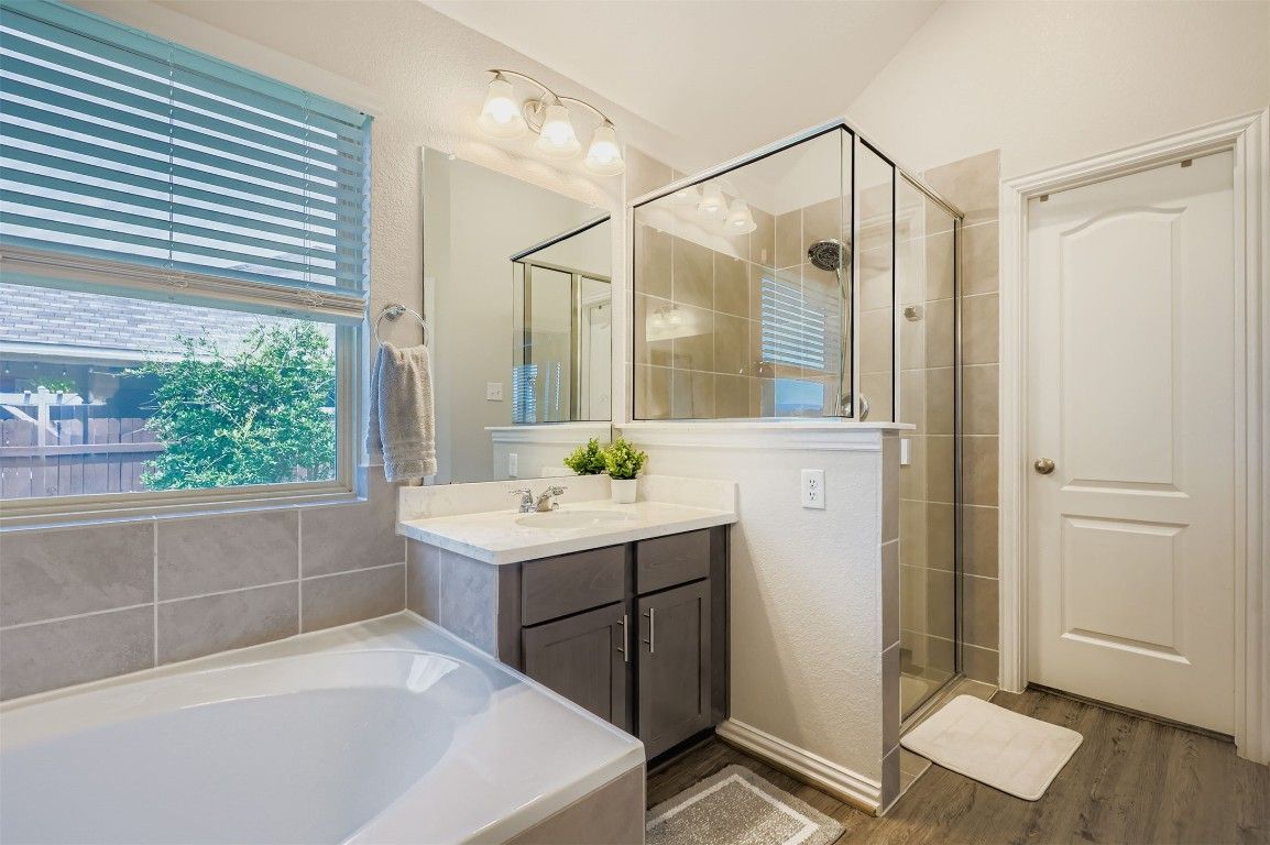 Bathroom, Glass Shower, Interior, Wood Texture Flooring