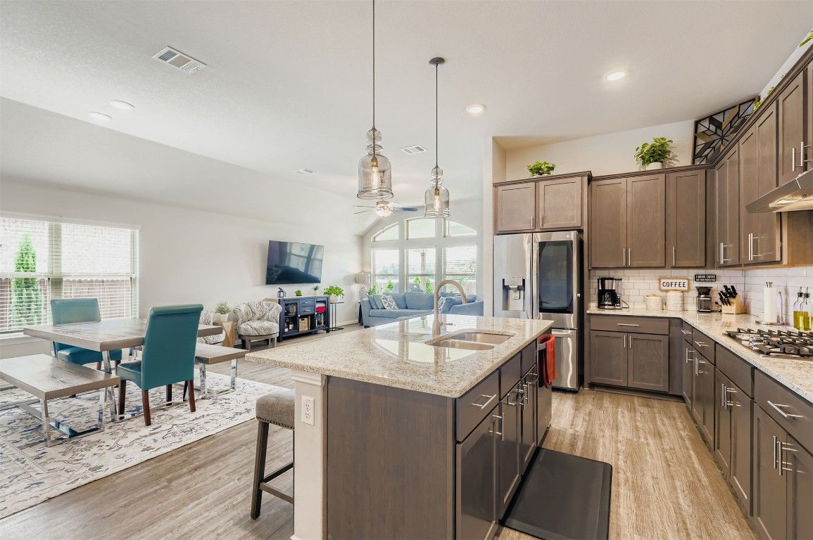 Dining room, Interior, Kitchen, Pendant Lights, Recessed Lighting, Wood Texture Flooring