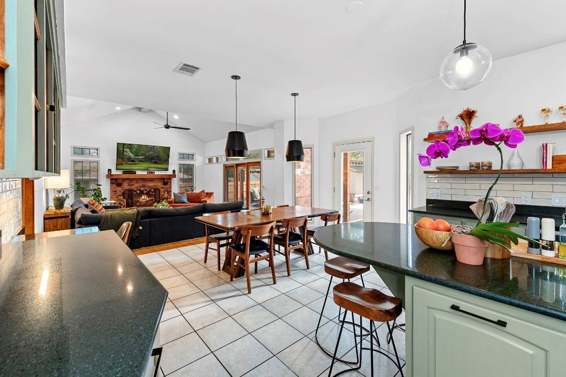 Dining room, Fireplace, Interior, Living room, Pendant Lights