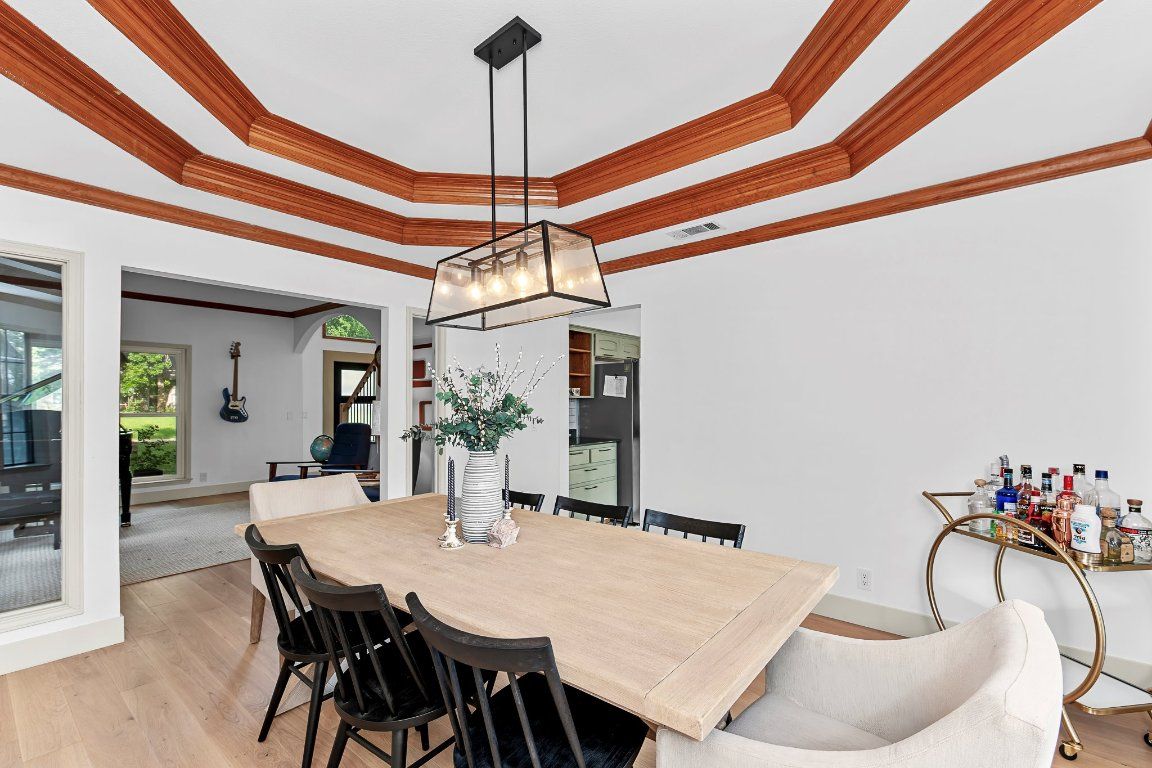 Dining room, Interior, Pendant Lights, Wood Texture Flooring
