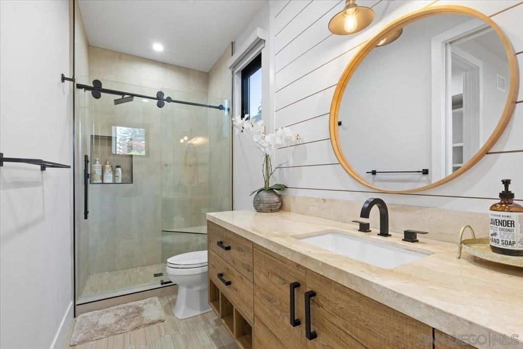 Bathroom, Glass Shower, Interior, Recessed Lighting, Wood Texture Flooring