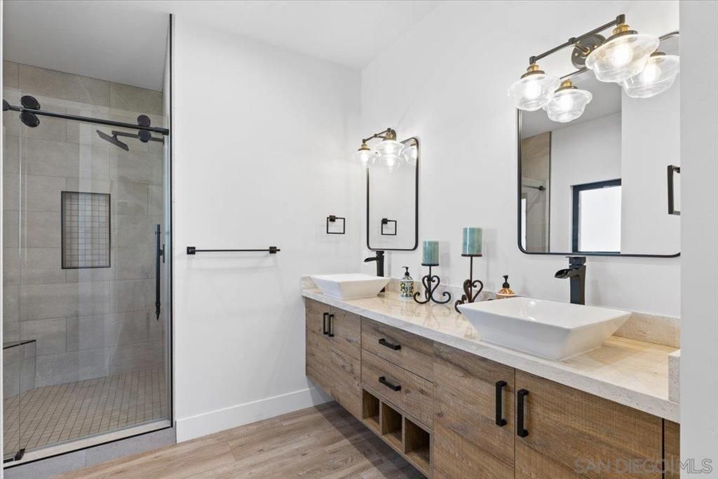 Bathroom, Dual Sink Vanities, Glass Shower, Interior, Wood Texture Flooring