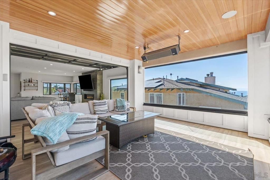 Fireplace, Interior, Living room, Recessed Lighting, Water, Wooden Ceilings, Wood Texture Flooring