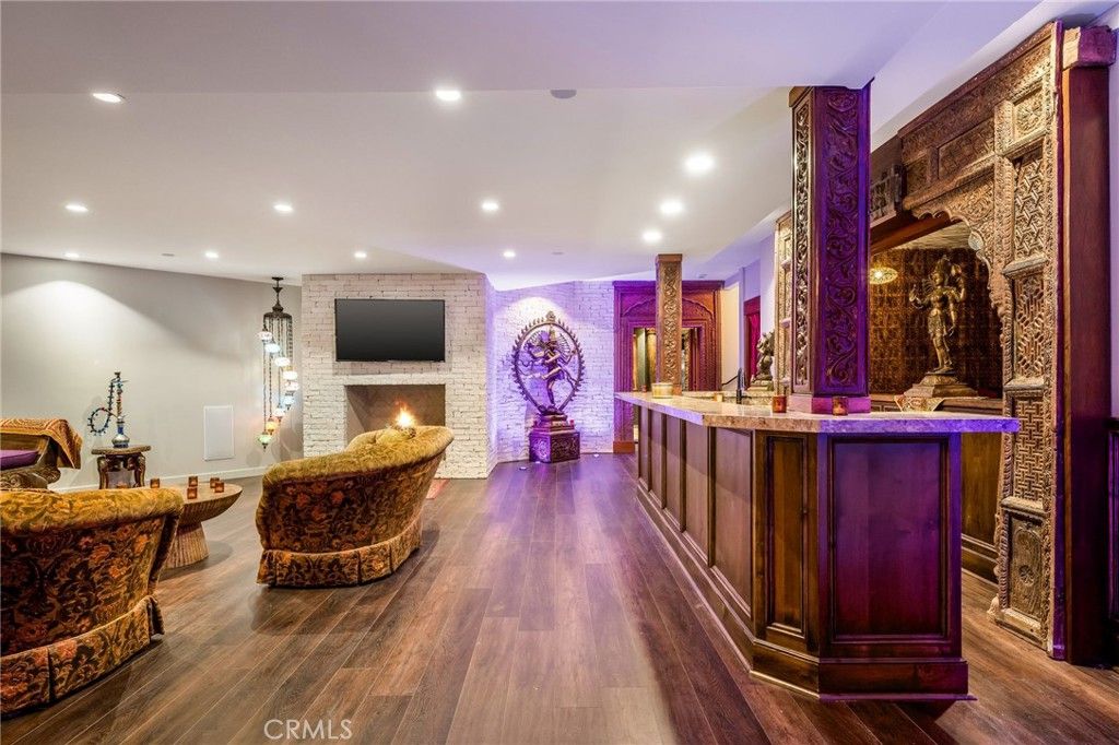 Fireplace, Interior, Pendant Lights, Recessed Lighting, Stone Walls, Wood Texture Flooring