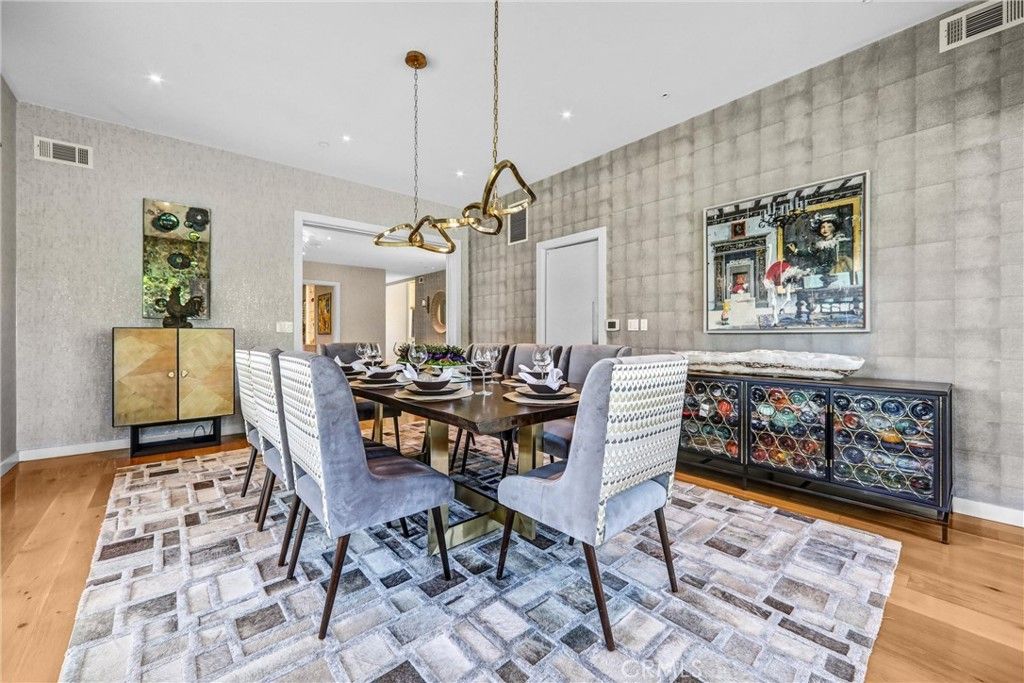 Dining room, Interior, Pendant Lights, Recessed Lighting, Wood Texture Flooring