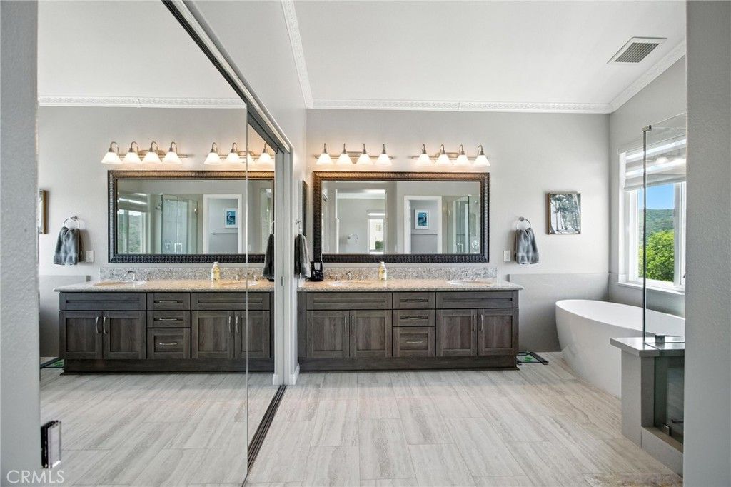 Bathroom, Dual Sink Vanities, Free Standing Baths, Glass Shower, Interior, Wood Texture Flooring