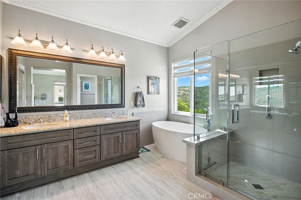 Bathroom, Dual Sink Vanities, Free Standing Baths, Glass Shower, Interior, Wood Texture Flooring