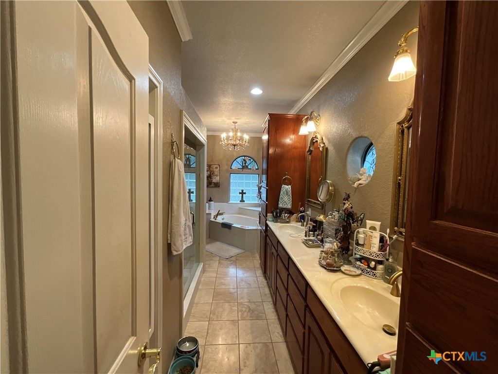 Bathroom, Chandelier, Dual Sink Vanities, Interior, Recessed Lighting