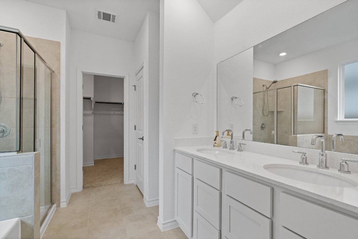 Bathroom, Dual Sink Vanities, Glass Shower, Interior, Recessed Lighting