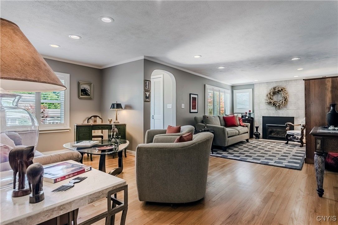 Fireplace, Interior, Living room, Recessed Lighting, Wood Texture Flooring