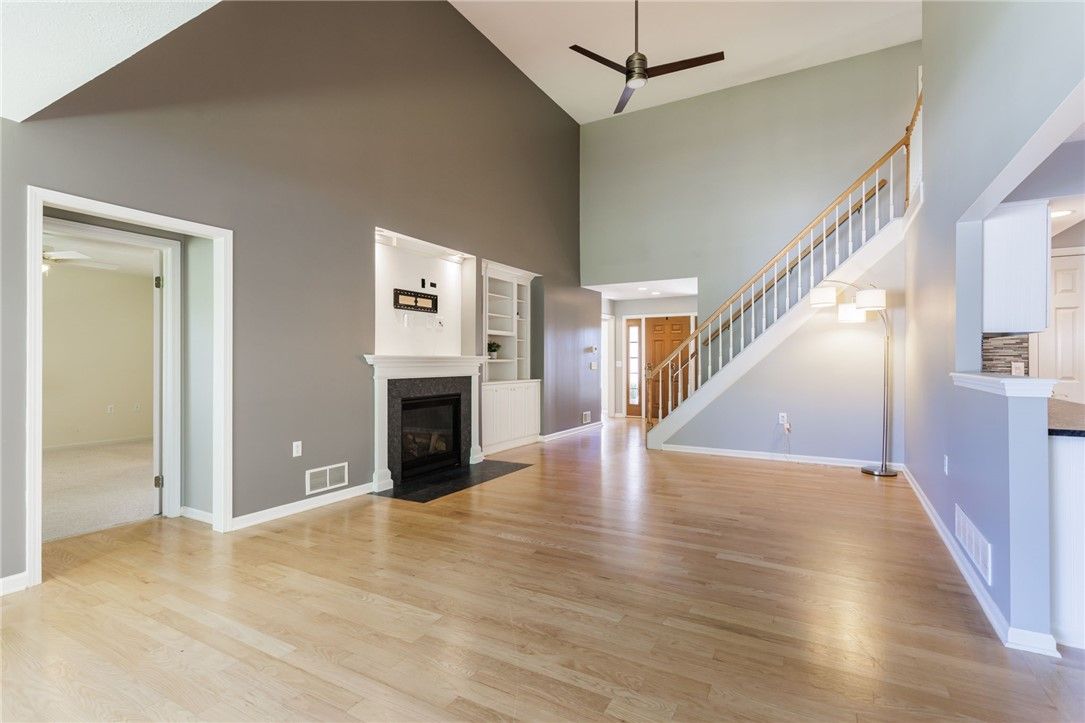 Empty room, Fireplace, Interior, Recessed Lighting, Wood Texture Flooring