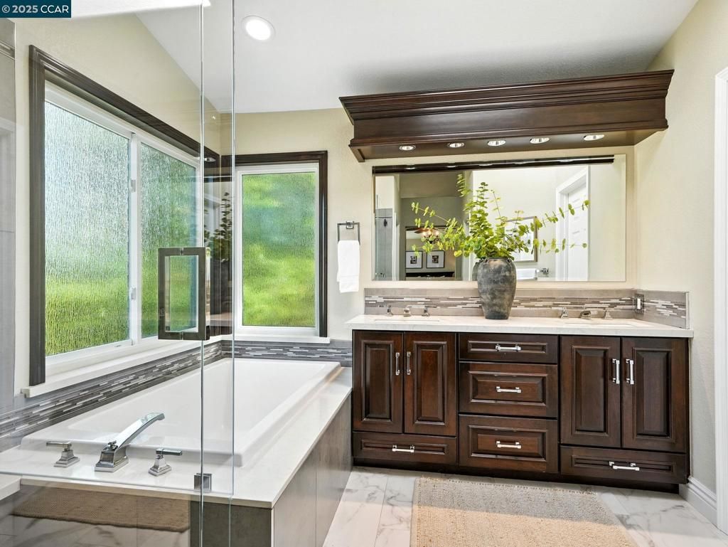 Bathroom, Dual Sink Vanities, Glass Shower, Interior, Marble, Recessed Lighting