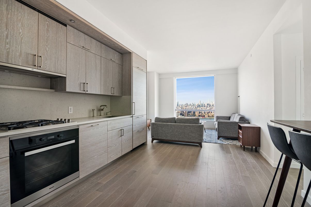 Interior, Kitchen, Living room, Stainless Steel Appliances, Wood Texture Flooring