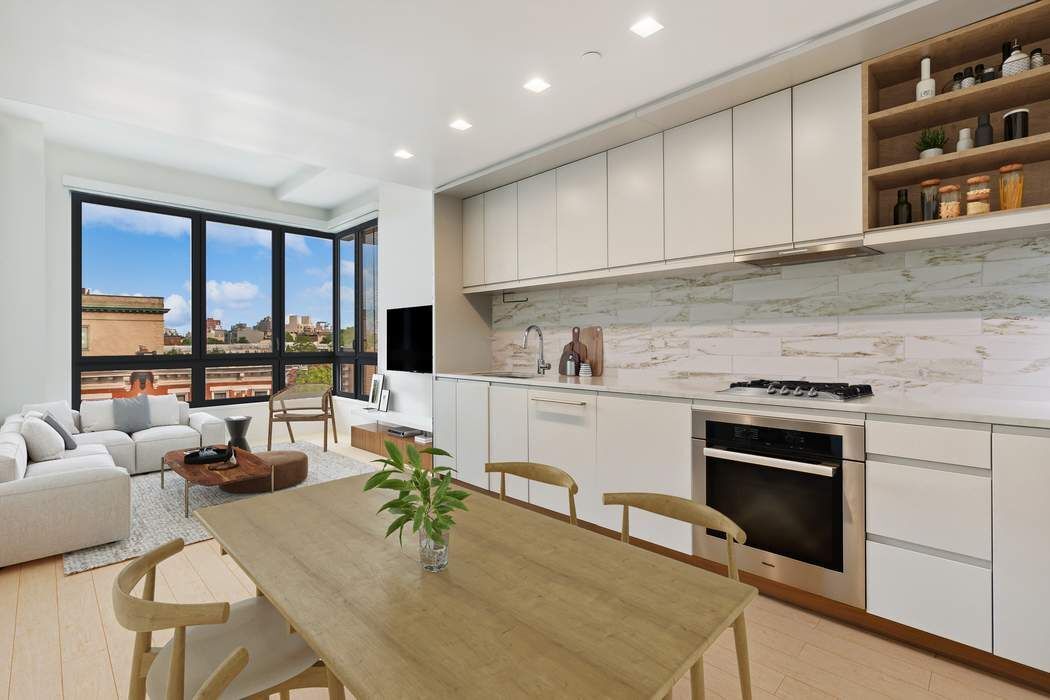 Dining room, Interior, Kitchen, Living room, Marble Walls, Recessed Lighting, Wood Texture Flooring