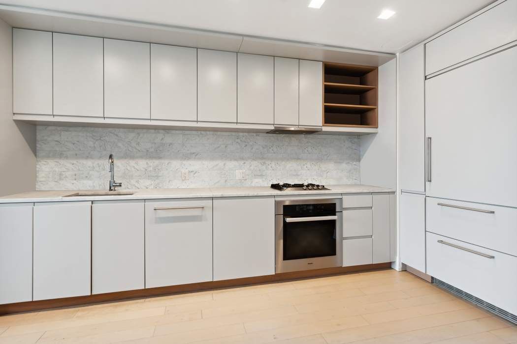 Interior, Kitchen, Marble Walls, Recessed Lighting, Wood Texture Flooring