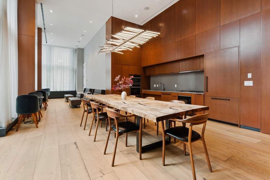 Dining room, Interior, Kitchen, Pendant Lights, Recessed Lighting, Wood Texture Flooring