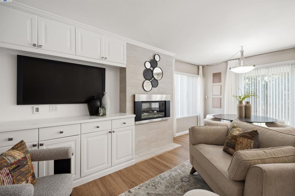Fireplace, Interior, Living room, Pendant Lights, Wood Texture Flooring