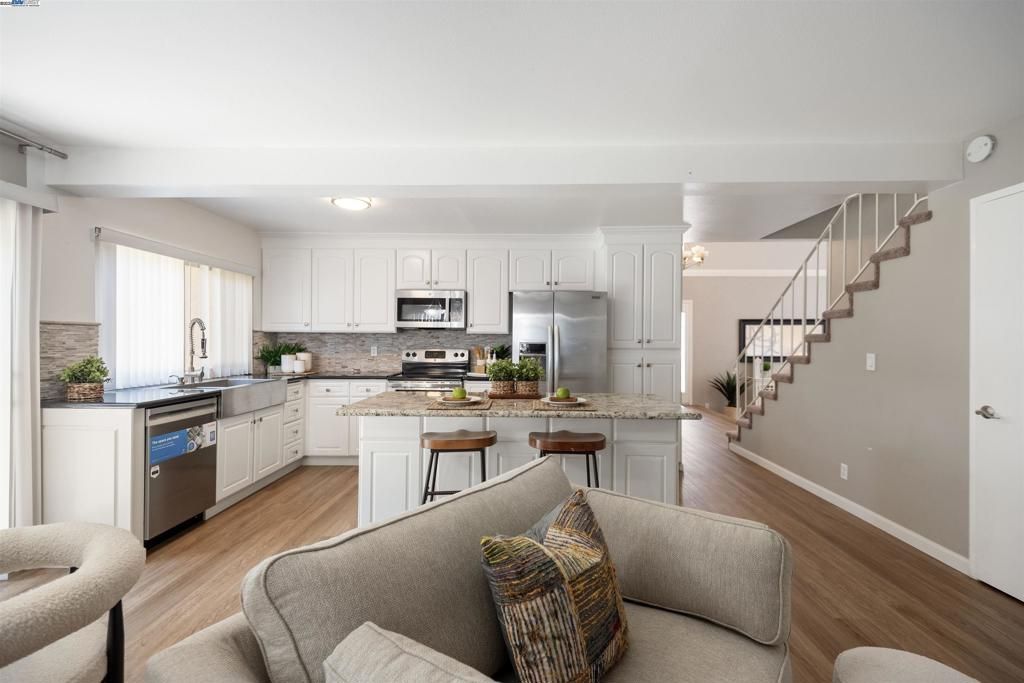 Interior, Kitchen, Living room, Stainless Steel Appliances, Wood Texture Flooring