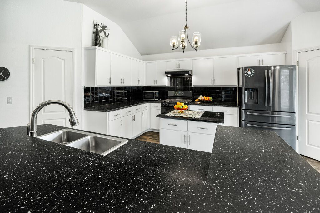 Chandelier, Interior, Kitchen, Pendant Lights, Stainless Steel Appliances, Wood Texture Flooring