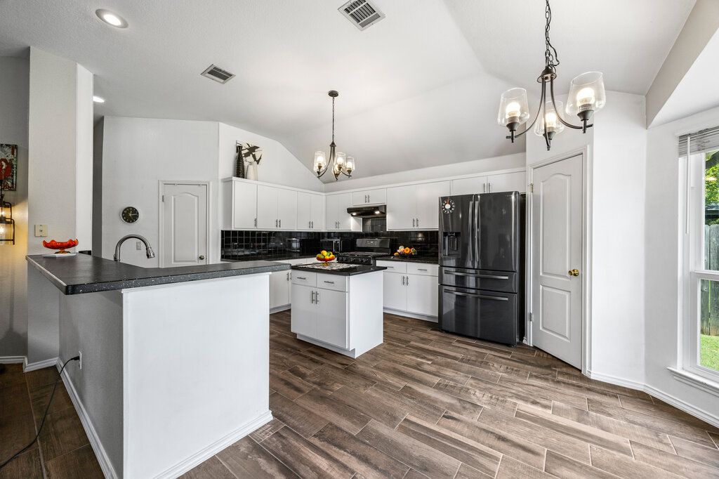 Chandelier, Interior, Kitchen, Pendant Lights, Recessed Lighting, Wood Texture Flooring