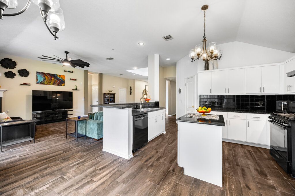 Chandelier, Interior, Kitchen, Pendant Lights, Recessed Lighting, Wood Texture Flooring