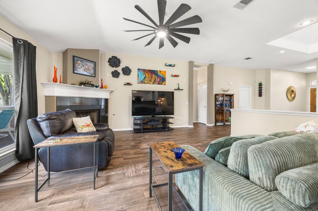 Fireplace, Interior, Living room, Recessed Lighting, Wood Texture Flooring