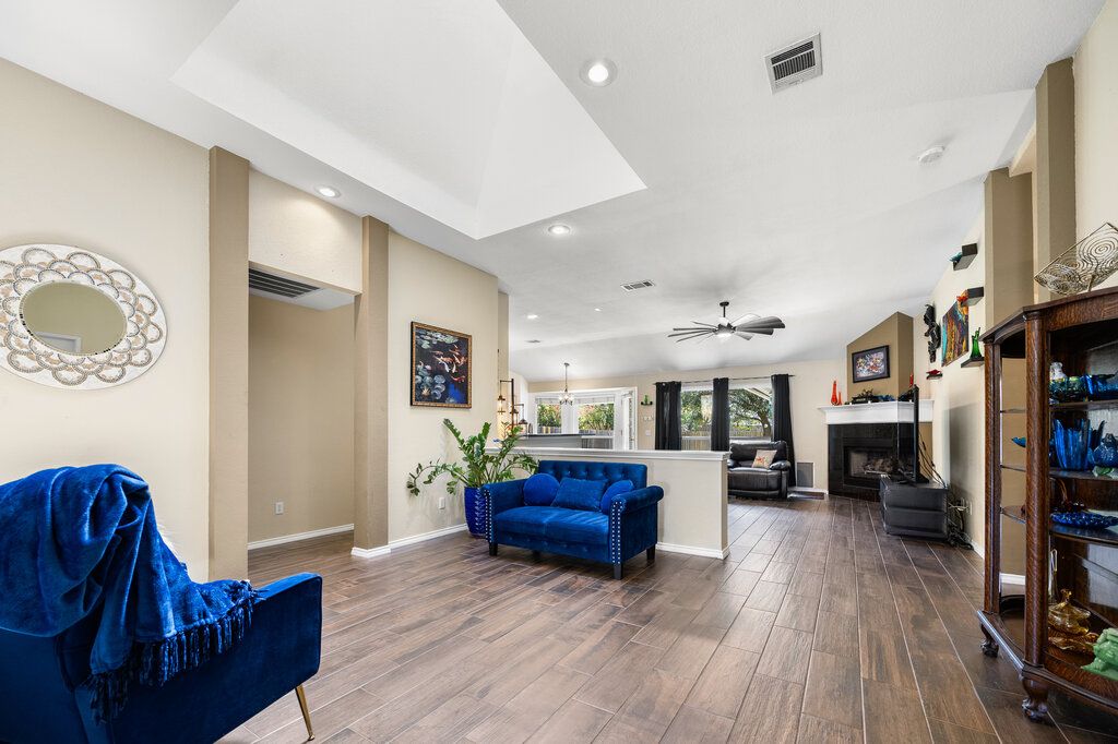 Fireplace, Interior, Recessed Lighting, Wood Texture Flooring